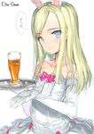  alcohol animal_ears bangs bare_shoulders beer blonde_hair blue_eyes bunny_ears collarbone cup dress drinking_glass elbow_gloves elin_(tera) emily_(pure_dream) eyebrows_visible_through_hair flat_chest frilled_skirt frills glass gloves highres holding holding_tray long_hair parted_bangs short_dress simple_background skirt smile solo strapless strapless_dress tera_online tray upper_body white_background white_dress white_gloves 