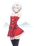  angel_wings black_legwear blue_eyes breasts christmas commentary_request cowboy_shot dress elbow_gloves feathered_wings gloves hair_ornament hairclip highres looking_at_viewer low_wings original red_dress red_gloves red_skirt santa_costume short_hair simple_background skirt small_breasts smile solo standing sugi_214 thighhighs white_background white_feathers white_hair white_wings wings 