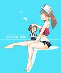  alternate_costume bikini blue_background brown_eyes brown_hair character_name commentary fairy_(kantai_collection) fang floral_print frilled_bikini frills full_body hair_between_eyes hand_on_another's_head kantai_collection kitsuneno_denpachi leg_up long_hair multiple_girls open_mouth plantar_flexion pleated_skirt ryuujou_(kantai_collection) school_uniform serafuku shikigami short_hair short_sleeves sitting skirt smile standing swimsuit translation_request twintails visor_cap 