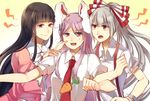  animal_ears annoyed arm_grab bangs black_hair bow bunny_ears carrot cheek_pinching commentary_request fujiwara_no_mokou gradient gradient_background hair_bow hime_cut houraisan_kaguya kaede_(mmkeyy) lavender_hair long_hair long_sleeves looking_at_another multiple_girls necktie open_mouth pinching red_eyes red_neckwear reisen_udongein_inaba shirt short_sleeves silver_hair smile suspenders sweatdrop touhou very_long_hair white_shirt wide_sleeves yellow_background 