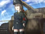  black_hair day ground_vehicle karo-chan military military_uniform military_vehicle motor_vehicle nazi original ponytail ribbon sky swastika tank tiger_i uniform 