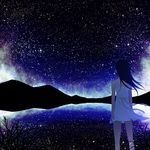  bare_legs bare_shoulders black_hair commentary_request constellation dress feet_out_of_frame floating_hair from_behind grass lake long_hair mountain night night_sky original reflection scenery sky solo star_(sky) starry_sky sugi_214 white_dress 
