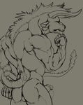  2017 4_ears 5_fingers anthro back_muscles biceps big_claws butt charr claws digital_media_(artwork) epic_soul erection fangs feline glans grey_background greyscale guild_wars hair half-length_portrait horn humanoid_penis long_tail male mammal monochrome multi_ear muscular muscular_male nude penis portrait pose precum rear_view simple_background sketch snout solo standing tail_tuft tuft video_games 