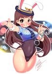  :d \m/ animal_ears bangs blush breast_pocket breasts brown_eyes brown_hair bunny_ears bunny_tail bunnysuit covered_navel cropped_legs cuffs d.va_(overwatch) groin handcuffs hat highleg highleg_leotard highres hips holding leotard long_hair medium_breasts necktie officer_d.va open_mouth outstretched_arm overwatch pocket police police_uniform policewoman rogeris signature simple_background smile solo striped striped_neckwear tail thick_thighs thighs uniform whisker_markings white_background 