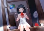  black_hair blush cat closed_eyes closed_mouth electric_fan facing_viewer food fruit holding holding_food original plate sitting solo sparkle tsunoshima_kujira watermelon 