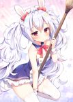  1girl alternate_costume animal_ears azur_lane bangs bare_shoulders between_legs blue_collar blue_dress blush bow breasts broom bunny_ears closed_mouth collar collarbone commentary_request detached_collar dress enmaided eyebrows_visible_through_hair hair_between_eyes holding holding_broom laffey_(azur_lane) long_hair looking_at_viewer maid maid_headdress mauve red_bow red_eyes sidelocks silver_hair small_breasts solo sparkle star strapless strapless_dress thighhighs twintails very_long_hair white_legwear wrist_cuffs 