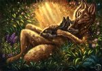  2017 anthro black_fur brown_fur brown_nose canine detailed_background digital_media_(artwork) duo feral flashw fur grass lying mammal nude paws smile wolf 