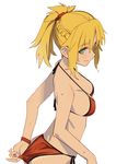  adjusting_clothes adjusting_swimsuit ass bare_shoulders bikini bikini_tan blonde_hair blue_eyes braid breasts cleavage closed_mouth dutch_angle eyebrows_visible_through_hair fang_out fate/grand_order fate_(series) from_above hair_ornament hair_scrunchie halterneck looking_at_viewer medium_breasts mordred_(fate)_(all) mordred_(swimsuit_rider)_(fate) ningen_(ningen96) ponytail red_bikini red_scrunchie scrunchie side-tie_bikini simple_background solo strap_gap swimsuit tan tanline wet wet_hair 