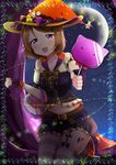  :d basket belt border brown_hair candy clenched_hand detached_sleeves feeding fingerless_gloves food frilled_shorts frills garter_straps gloves half-closed_eyes halloween_costume hat hat_ornament hat_pin highres kneeling koizumi_hanayo lollipop looking_at_viewer love_live! love_live!_school_idol_festival love_live!_school_idol_project moon navel night night_sky open_mouth pov_feeding short_hair short_sleeves shorts sky smile solo sparkle star_(sky) starry_sky striped striped_legwear thighhighs witch_hat yuama_(drop) 