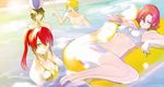  2girls abs barefoot bikini breasts cleavage jaune_arc lie_ren multiple_boys multiple_girls nora_valkyrie official_art pool pool_ladder pyrrha_nikos rwby sunlight swimming swimsuit yasuda_suzuhito 