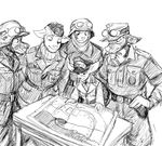  anthro armor black_and_white canine eyewear fennec fox goggles group hat helmet hladilnik male mammal military monochrome size_difference table world_war_2 