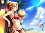  absurdres artoria_pendragon_(all) artoria_pendragon_(swimsuit_archer) blonde_hair blush breasts cleavage closed_eyes coconut drinking_straw eyebrows_visible_through_hair fate/apocrypha fate/grand_order fate/stay_night fate_(series) flower fruit_cup fuu_(fuore) green_eyes highres large_breasts looking_at_another looking_at_viewer mash_kyrielight mordred_(fate)_(all) mordred_(swimsuit_rider)_(fate) multiple_girls navel parted_lips pink_hair prydwen saber short_hair smile surfboard swimsuit swimsuit_of_perpetual_summer 