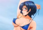  arm_up bikini_top bishoujo_senshi_sailor_moon blue_eyes blue_hair blush breasts breasts_apart covered_nipples dutch_angle looking_at_viewer medium_breasts mizuno_ami nanashi_noiji open_mouth parted_lips short_hair smile solo undressing 