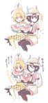  animal_ears backpack bag bow bowtie eating elbow_gloves food fruit fur_collar gloves hat hat_feather helmet high-waist_skirt highres holding holding_food holding_fruit kaban_(kemono_friends) kashi-k kemono_friends multiple_girls pantyhose pith_helmet red_shirt serval_(kemono_friends) serval_ears serval_print serval_tail shirt simple_background sitting skirt sleeveless sleeveless_shirt smile striped_tail tail thighhighs translation_request watermelon white_background 