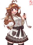  :d ahoge alternate_costume apron blush brown_hair commentary_request curry curry_rice double_bun food grey_eyes hairband heart-shaped_food heart_ahoge highres holding kanon_(kurogane_knights) kantai_collection kongou_(kantai_collection) ladle long_hair looking_at_viewer open_mouth plate pleated_skirt ribbed_sweater rice sketch skirt smile solo sweater thighhighs zettai_ryouiki 
