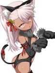  absurdres animal_ears arched_back arm_ribbon ass bell black_gloves breasts cat_ears cat_tail center_opening chloe_von_einzbern cowboy_shot dark_skin elbow_gloves eyes_visible_through_hair fake_animal_ears fate/kaleid_liner_prisma_illya fate_(series) from_side fur_trim gloves hair_bell hair_between_eyes hair_ornament hair_ribbon highres jingle_bell leaning_forward long_hair looking_at_viewer one_side_up open_mouth orange_eyes paw_gloves paw_pose paws pink_hair revealing_clothes ribbon shimejinameko simple_background small_breasts solo tail tail_ribbon thighhighs white_background 