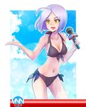  ahoge blue_sky cloud cloudy_sky commentary day front-tie_bikini front-tie_top iesupa lavender_hair lisa_lavender microphone news panties reporter rwby side-tie_panties sky solo swimsuit underwear water yellow_eyes 