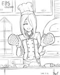  alternate_costume bowl chef_hat chef_uniform closed_eyes cooking_show greyscale hair_over_one_eye hat ice_keki little_witch_academia long_hair monochrome mushroom oven_mitts rolling_pin smile solo sucy_manbavaran 