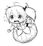  ahoge bangs blush boa_(brianoa) chibi commentary d: dress flying_sweatdrops gown greyscale hair_ribbon kaname_madoka lowres mahou_shoujo_madoka_magica monochrome open_mouth ribbon short_hair short_twintails signature simple_background solo sweatdrop twintails white_background wide_face worried 