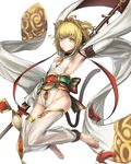  ahoge andira_(granblue_fantasy) animal_ears armpits bare_shoulders barefoot blonde_hair breasts commentary_request erune full_body granblue_fantasy hairband highres jumping looking_at_viewer monkey_ears monkey_tail short_hair sideboob simple_background small_breasts solo sugi_214 tail thighhighs two_side_up white_background yellow_eyes 
