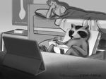  2017 bed beverage clothed clothing digital_media_(artwork) food fur human legs_up male mammal popcorn raccoon tablet 