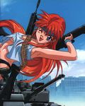  90s artist_request assault_rifle blue_eyes blue_seed breasts building bullet cloud covered_nipples day ground_vehicle gun headband highres howa_type_89 long_hair military military_vehicle motor_vehicle one_eye_closed red_hair rifle sawaguchi_koume scan sky smile tank tank_top type_90_kyu-maru weapon 