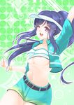  1girl areola_slip areolae arm_up blue_hair breasts cleavage frapowa hat large_breasts long_hair love_live! love_live!_sunshine!! matsuura_kanan navel one_eye_closed open_mouth ponytail purple_eyes shorts smile sparkle underboob 