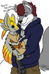  avali avian beezlebumawoken canine clothed clothing hug kaali mammal simple_background size_difference smile starbound video_games wings wolf 