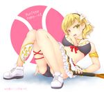  :d ass bare_shoulders blonde_hair breasts charlotte_(shironeko_project) cleavage deto fang green_eyes heterochromia highres looking_at_viewer medium_breasts open_mouth racket red_eyes shironeko_project shoes sitting skirt smile sneakers solo tennis_racket 