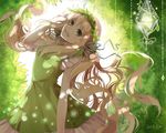  :d bow bug butterfly crystal dated dress green green_bow green_dress green_eyes hair_bow hand_up head_wreath highres insect light_brown_hair long_hair looking_at_viewer open_mouth original outstretched_hand smile solo twintails xingxue 
