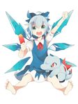  :d absurdres ahoge arm_up bare_legs barefoot blue_dress blue_eyes blue_hair bow bowtie cirno clenched_hand collared_shirt commentary crossover dress food gen_2_pokemon hair_bow hair_ribbon highres holding ice ice_wings looking_at_viewer neck_ribbon open_mouth pinafore_dress pokemon pokemon_(creature) popsicle puffy_short_sleeves puffy_sleeves raised_fist red_ribbon ribbon shirt short_hair short_sleeves simple_background sitting smile totodile touhou white_background white_shirt wings yamaarashi_(kakamiaku) 
