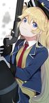  bangs black_legwear blazer blonde_hair blue_skirt closed_mouth eyebrows_visible_through_hair finger_on_trigger girls_frontline gun hair_between_eyes hair_flaps hat holding holding_gun holding_weapon jacket long_hair long_sleeves looking_at_viewer open_blazer open_clothes open_jacket pantyhose pinch_(nesume) police police_hat police_uniform shotgun sitting skirt smile solo super_shorty_(girls_frontline) sweater thigh_strap two_side_up uniform very_long_hair weapon 