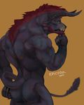  2017 4_ears 5_fingers anthro back_muscles beard biceps big_claws black_fur black_horn black_nose black_tail brown_background butt charr claws colored depth_of_field digital_media_(artwork) epic_soul facial_hair fangs feline fur grey_claws grey_eyes guild_wars hair half-length_portrait hi_res horn long_tail male mammal multi_ear muscular muscular_male nude portrait pose rear_view red_hair signature simple_background snout solo standing tail_tuft tuft video_games 