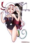  2017 adapted_costume artist_name beret blue_hair casual_one-piece_swimsuit cherry_blossoms dated flower gradient_hair green_hair hair_flaps hair_flower hair_ornament hairclip harusame_(kantai_collection) hat jumping kantai_collection machinery mokerou multicolored_hair one-piece_swimsuit open_mouth pink_hair red_eyes rigging sandals side_ponytail simple_background smokestack solo swimsuit white_background 