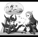  armor cat chocolate chocolate_heart commentary diana_(league_of_legends) dog ear_protection forehead_jewel forehead_protector gloves greyscale heart helmet league_of_legends leona_(league_of_legends) long_hair monochrome multiple_girls oldlim pauldrons short_hair syndra valentine very_long_hair yuri 