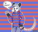  4_fingers alternate_species anthro bds17 bean_(character) black_fur blue_eyes clothed clothing dialogue english_text fangs fur grey_fur hoodie jeans looking_away male mammal marsupial multicolored_fur open_mouth opossum pants pattern_background pink_nose signature simple_background solo speech_bubble striped_background talking_to_viewer teeth text tongue tuft waving white_fur 