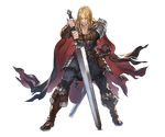  belt boots cape full_body granblue_fantasy long_hair lucius_(granblue_fantasy) male_focus minaba_hideo official_art solo sword teeth transparent_background weapon yellow_eyes 