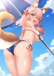  animal_ear_fluff animal_ears arm_up ass bangs bikini blue_bikini blue_sky blush bracelet breasts cloud commentary_request cowboy_shot day eyebrows_visible_through_hair fang fate/extra fate_(series) fox_ears fox_tail from_behind hair_between_eyes highres holding jewelry large_breasts looking_at_viewer looking_back one_eye_closed open_mouth outdoors parasol pink_hair side-tie_bikini sky solo spicy_moo standing starfish swimsuit tail tamamo_(fate)_(all) tamamo_no_mae_(fate) tamamo_no_mae_(swimsuit_lancer)_(fate) transparent trefoil umbrella yellow_eyes 
