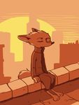  2017 anthro barefoot canine charlie_(weaver) city cityscape clothed clothing disney fan_character female fox fuel_(artist) mammal pack_street restricted_palette sitting solo sun sunset zootopia 