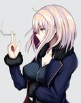  bangs black_jacket breast_hold breasts cigarette cleavage closed_mouth collarbone commentary_request ear_piercing fate/grand_order fate_(series) from_side fur_trim highres jacket jeanne_d'arc_(alter)_(fate) jeanne_d'arc_(fate)_(all) large_breasts long_sleeves looking_away open_clothes open_jacket pale_skin piercing profile silver_hair solo wicked_dragon_witch_ver._shinjuku_1999 yami_kyon_oov yellow_eyes 