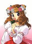  brown_hair choker dress flower flower_wreath gradient gradient_background hair_strand head_wreath highres holding holding_flower ishida_atsuko juliet_sleeves long_hair long_sleeves original puffy_sleeves purple_eyes solo 