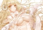  angel_wings apt bangs blonde_hair blush bound bound_arms bow braid breasts commentary_request eyebrows eyebrows_visible_through_hair frilled_shirt_collar frilled_sleeves frills highres horns large_breasts long_hair looking_at_viewer midriff original sheep_horns solo underboob upper_body very_long_hair white_background wings yellow_eyes 