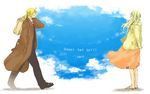  1girl 2017 arm_behind_back black_footwear black_pants blonde_hair blue_background blue_eyes cloud cloudy_sky coat couple day dress earrings edward_elric eye_contact fullmetal_alchemist hand_in_pocket happy hetero highres igi_(tarqu0ise) jacket jewelry long_hair looking_at_another number pants pink_dress ponytail sandals shoes simple_background sky smile standing suitcase waistcoat walking white_background winry_rockbell yellow_eyes 
