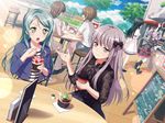  :o aqua_hair artist_request bang_dream! bangs bench black_hair blush boots bow cafe coffee_cup corset cup day disposable_cup dress dutch_angle eating eyebrows_visible_through_hair food green_eyes hair_bow hikawa_sayo holding ice_cream jacket lace lavender_hair long_hair looking_at_another minato_yukina multiple_girls official_art open_mouth outdoors purple_hair ribbon roselia_(bang_dream!) shirokane_rinko skirt smile table tree twintails udagawa_ako 