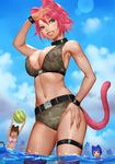  ariverkao ball beachball bikini blue_eyes blue_hair blurry blurry_background breast_envy breasts brown_eyes brown_hair cat_ears cat_tail cloud collar day large_breasts lens_flare looking_at_viewer navel open_mouth original pink_hair red_eyes short_hair smile standing swimsuit tail thigh_strap water wrist_straps 