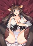  8000 ahoge black_legwear blue_eyes boots breasts brown_hair cameltoe cleavage commentary_request covered_nipples eyebrows_visible_through_hair hairband hand_on_own_chest headgear japanese_clothes kantai_collection kongou_(kantai_collection) large_breasts long_hair lying nontraditional_miko on_back open_mouth panties ribbon-trimmed_sleeves ribbon_trim skirt skirt_lift solo thigh_boots thighhighs underwear white_panties 