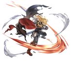 belt boots cape full_body granblue_fantasy long_hair lucius_(granblue_fantasy) male_focus minaba_hideo official_art solo sword torn_clothes transparent_background weapon yellow_eyes 