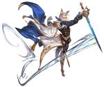  animal_ears armor armored_boots back belt boots bow epaulettes erune facial_hair full_body gloves granblue_fantasy grey_hair long_hair low_ponytail male_focus minaba_hideo monocle mustache official_art sevastian_(granblue_fantasy) solo sword transparent_background weapon 