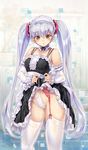  bare_shoulders blush breasts brown_eyes detached_sleeves garter_belt highleg highres hoshino_ruri kidou_senkan_nadesico kiyama_satoshi lifted_by_self long_hair looking_at_viewer maid_headdress md5_mismatch medium_breasts panties parted_lips side-tie_panties silver_hair skirt skirt_lift solo thighhighs twintails underwear untying very_long_hair white_legwear white_panties 