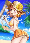  :d absurdres arched_back ass bangs beach bikini bikini_skirt blush bow bowl braid chinese_spoon chopsticks cloud cowboy_shot dansa day dutch_angle flower from_behind from_side hair_bow hat hat_flower highres holding holding_bowl holding_chopsticks leaning_forward light_rays looking_at_viewer love_live! love_live!_sunshine!! mismatched_bikini ocean open_mouth orange_bikini orange_hair orange_ribbon outdoors palm_tree purple_eyes red_eyes ribbon sailor_bikini sailor_collar short_hair side_braid sky smile solo striped striped_bikini sun_hat sunflower swimsuit takami_chika tree yakisoba yellow_bow 